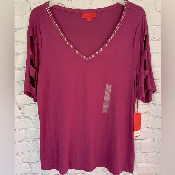 Jennifer Lopez Blouse V Neck Caged Arm Embellished Collar Size XL - Picture 1 of 6